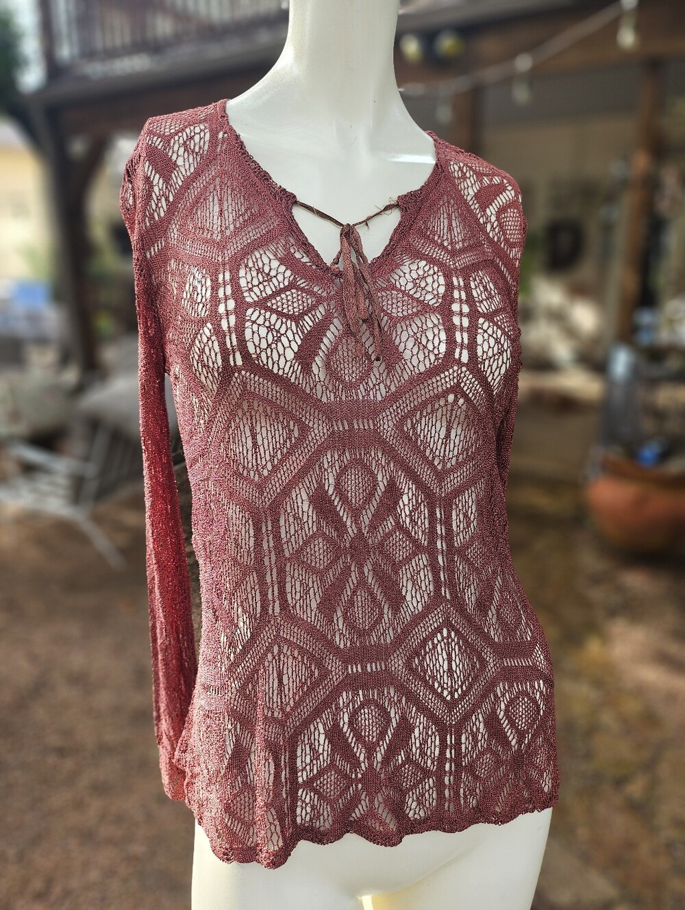 Unbranded Gorgeous Reddish Brown Silk Crochet Long Sleeve Blouse Tie Neck S